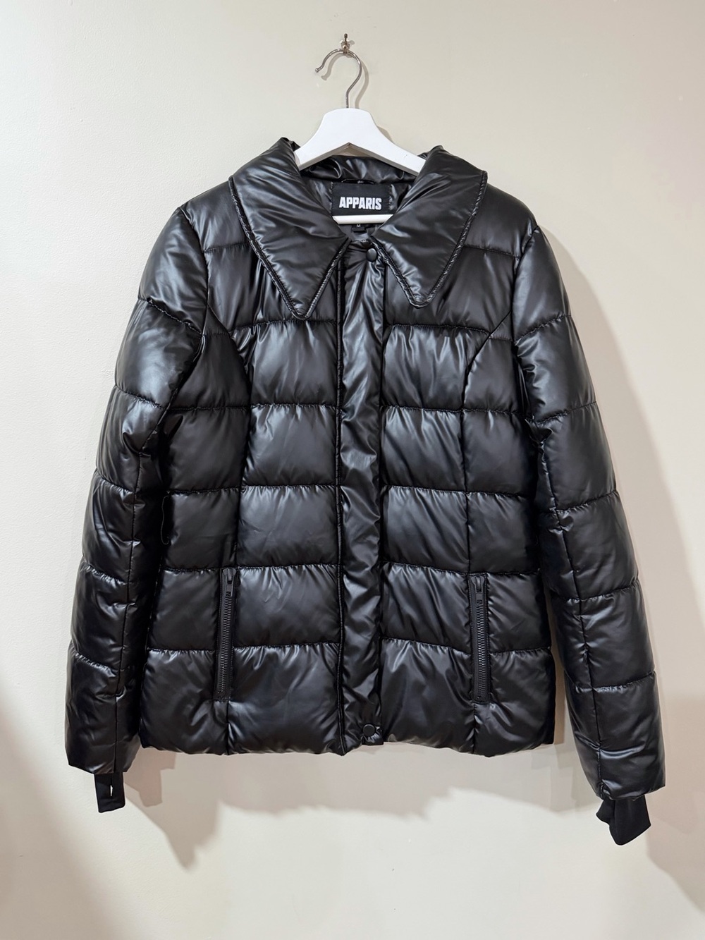 Apparis Women M Black Glossy Puffer Jacket Oversized Collar Y2K Futuristic Chic